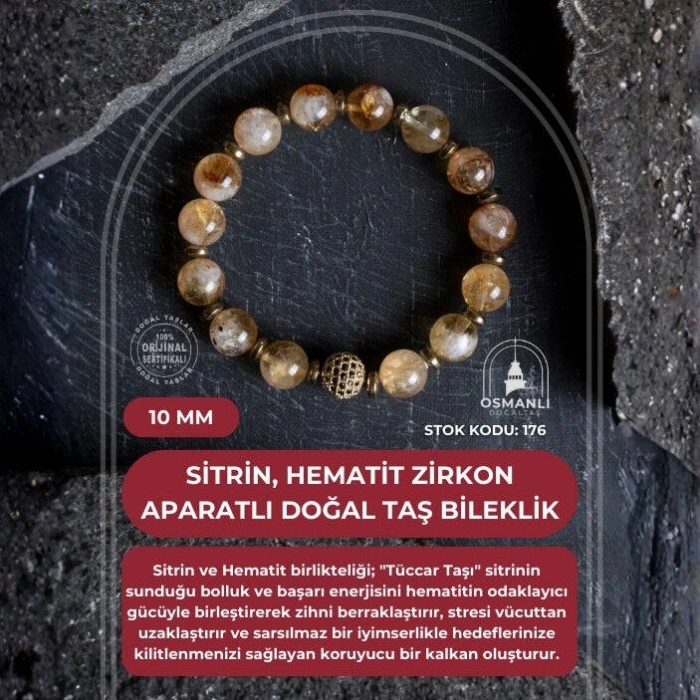 Sertifikalı Sitrin, Hematit Zirkon Aparatlı Doğal Taş Bileklik-10 mm (SK:176)