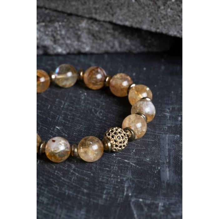 Sertifikalı Sitrin, Hematit Zirkon Aparatlı Doğal Taş Bileklik-10 mm (SK:176)