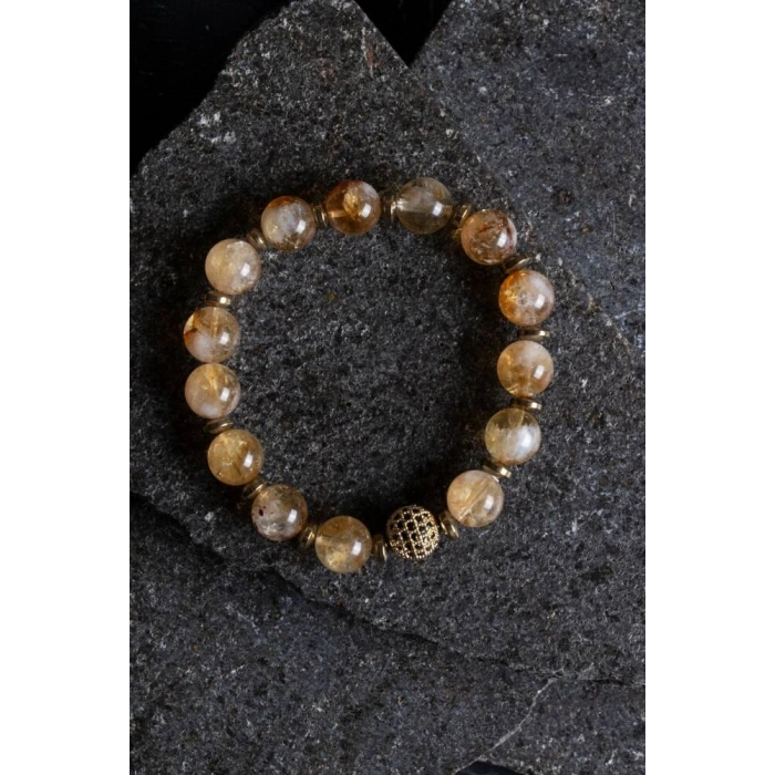 Sertifikalı Sitrin, Hematit Zirkon Aparatlı Doğal Taş Bileklik-10 mm (SK:176)