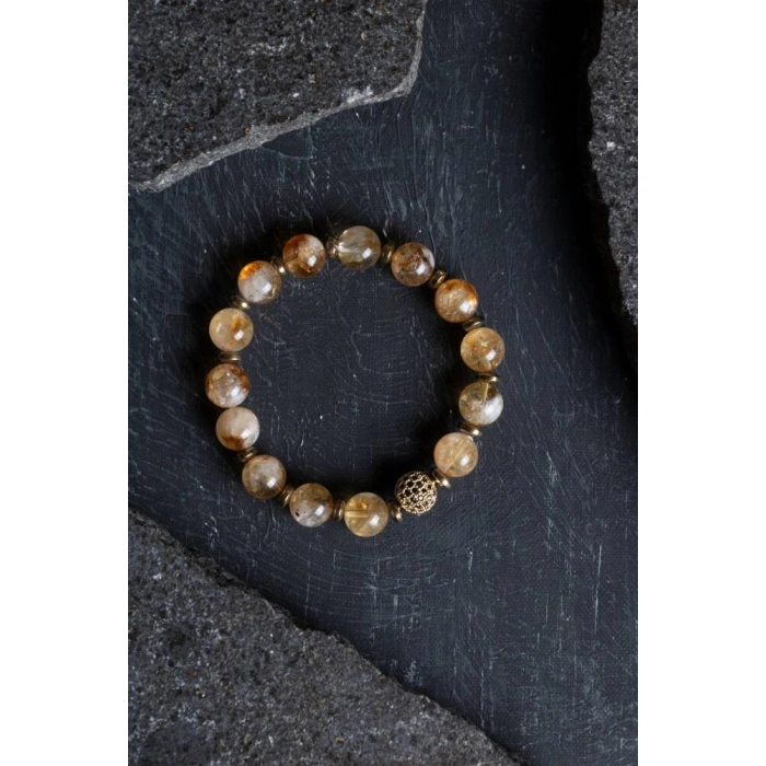 Sertifikalı Sitrin, Hematit Zirkon Aparatlı Doğal Taş Bileklik-10 mm (SK:176)