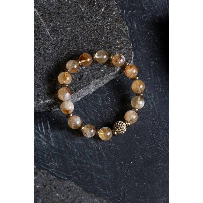 Sertifikalı Sitrin, Hematit Zirkon Aparatlı Doğal Taş Bileklik-10 mm (SK:176)