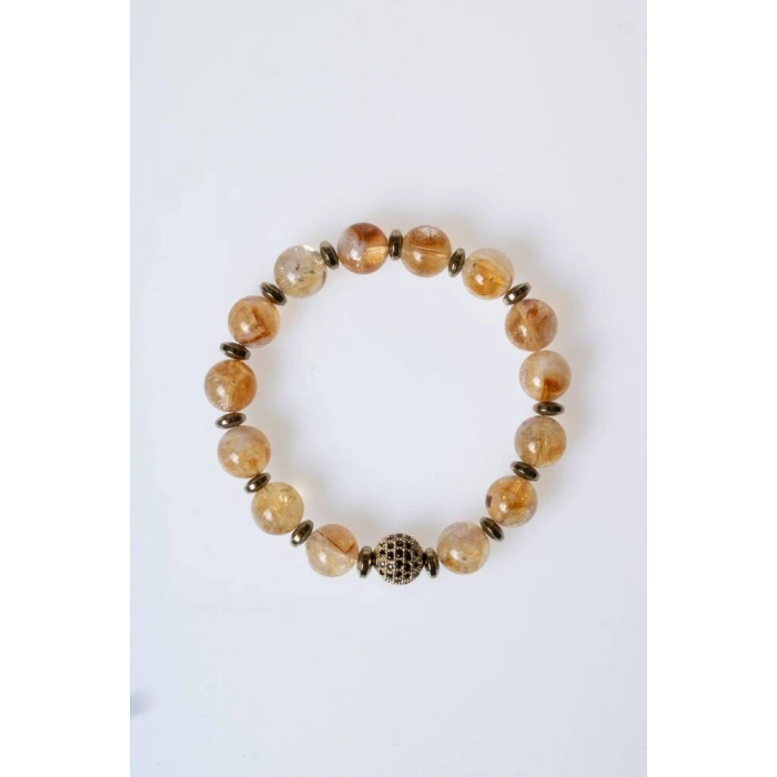 Sertifikalı Sitrin, Hematit Zirkon Aparatlı Doğal Taş Bileklik-10 mm (SK:176)