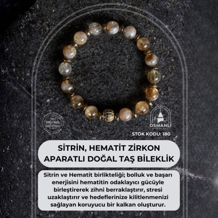 Sertifikalı Sitrin, Hematit Zirkon Aparatlı Doğal Taş Bileklik (SK:180)