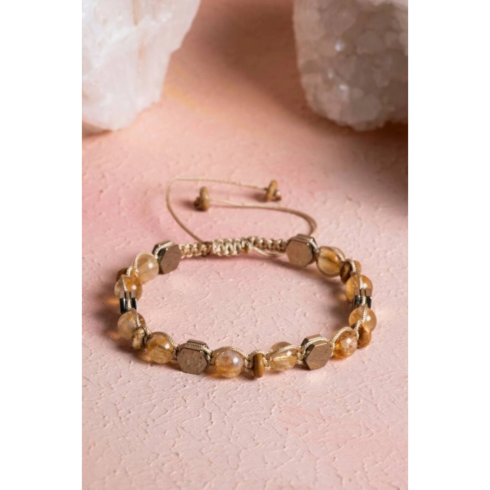 Sertifikalı Sitrin, Jasper, Hematit, Doğal Taş Makrome Bileklik (SK:076)