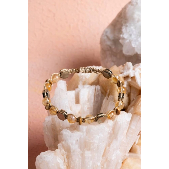 Sertifikalı Sitrin, Jasper, Hematit, Doğal Taş Makrome Bileklik (SK:076)