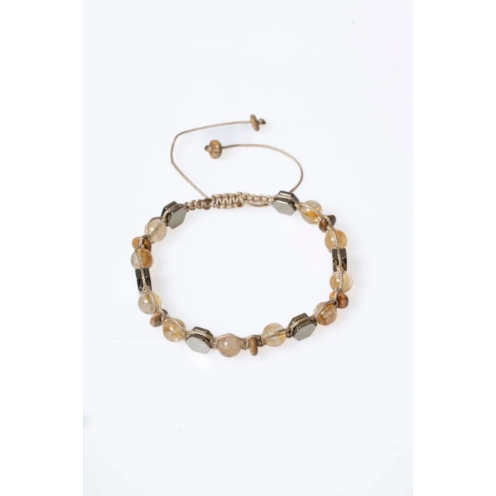 Sertifikalı Sitrin, Jasper, Hematit, Doğal Taş Makrome Bileklik (SK:076)