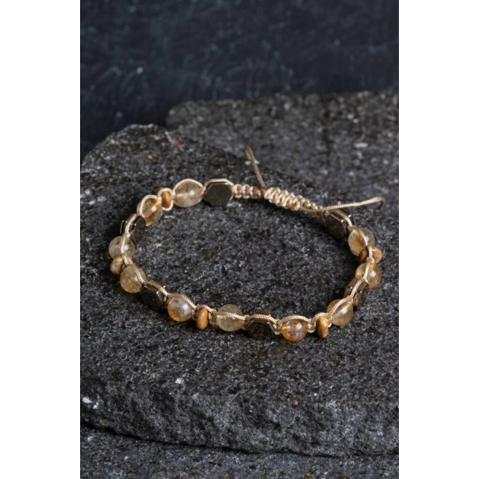 Sertifikalı Sitrin, Jasper, Hematit Doğal Taş Makrome Bileklik (SK:155)