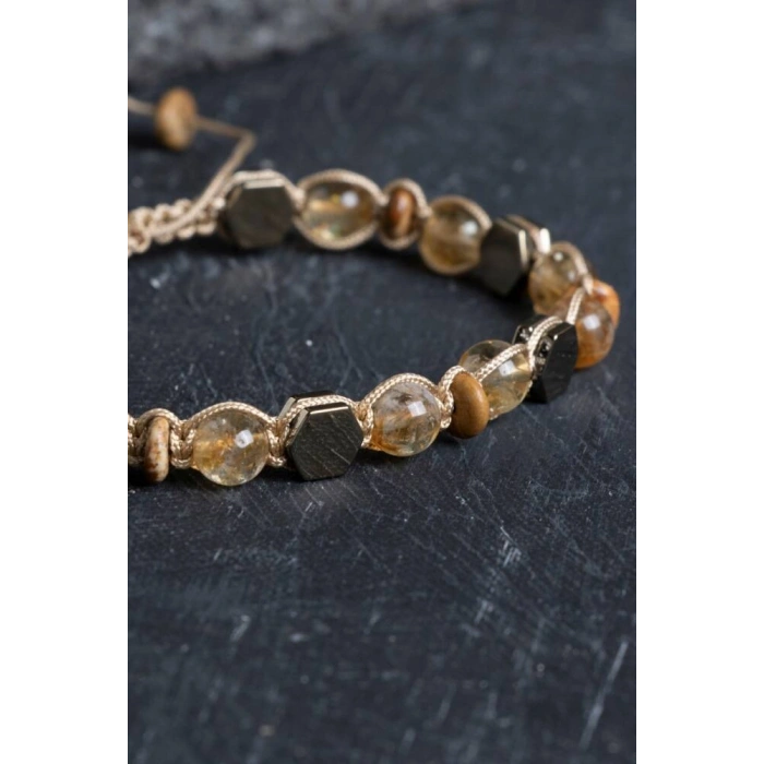 Sertifikalı Sitrin, Jasper, Hematit Doğal Taş Makrome Bileklik (SK:155)