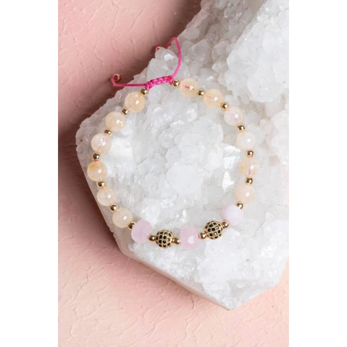 Sertifikalı Sitrin, Pembe Kuvars Zirkon Aparat Doğal Taş Bileklik