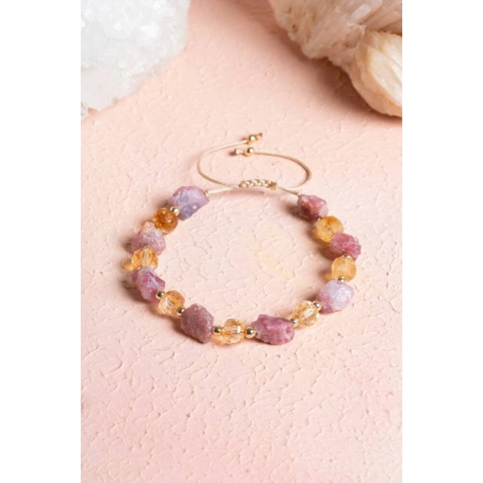 Sertifikalı Sitrin, Turmalin Doğal Taş Makrome Bileklik (SK:238)