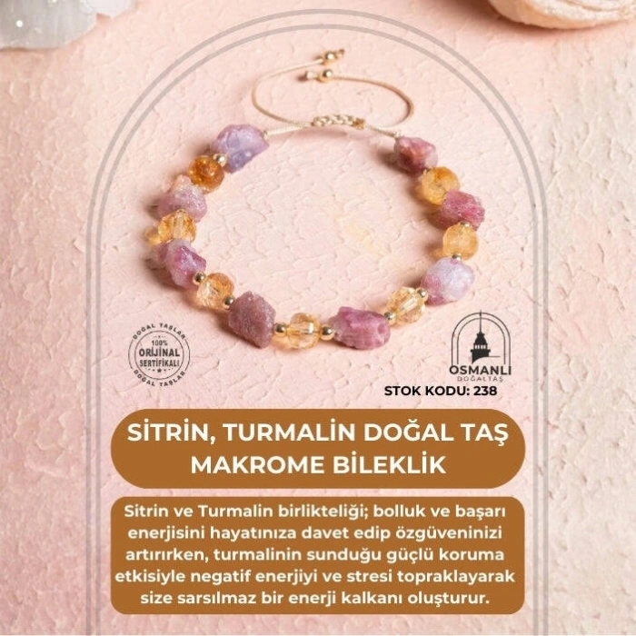 Sertifikalı Sitrin, Turmalin Doğal Taş Makrome Bileklik (SK:238)