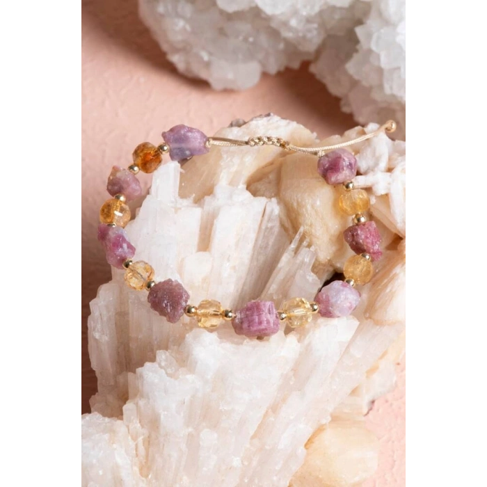 Sertifikalı Sitrin, Turmalin Doğal Taş Makrome Bileklik (SK:238)