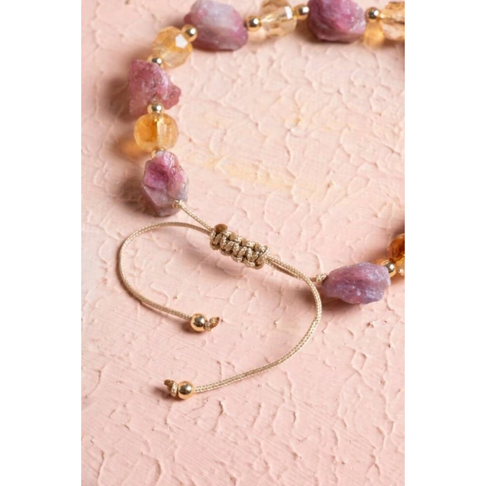 Sertifikalı Sitrin, Turmalin Doğal Taş Makrome Bileklik (SK:238)