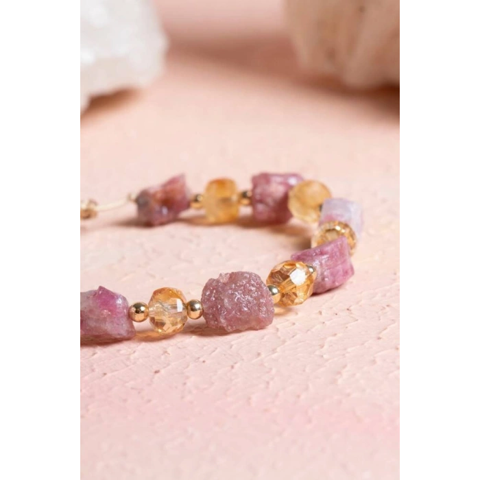 Sertifikalı Sitrin, Turmalin Doğal Taş Makrome Bileklik (SK:238)