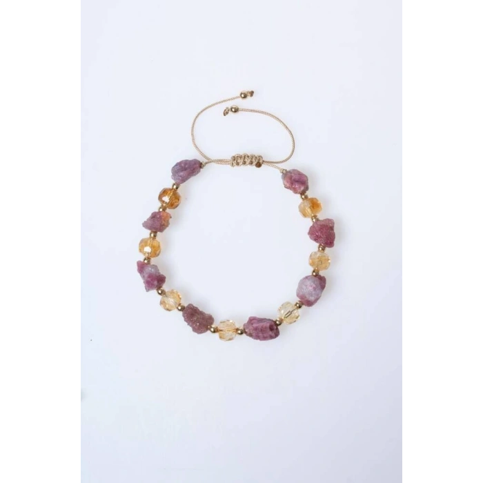 Sertifikalı Sitrin, Turmalin Doğal Taş Makrome Bileklik (SK:238)