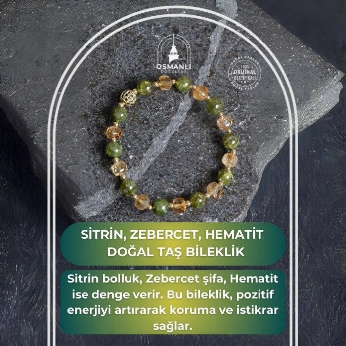 Sertifikalı Sitrin, Zebercet, Hematit Zirkon Aparat Doğal Taş Bileklik