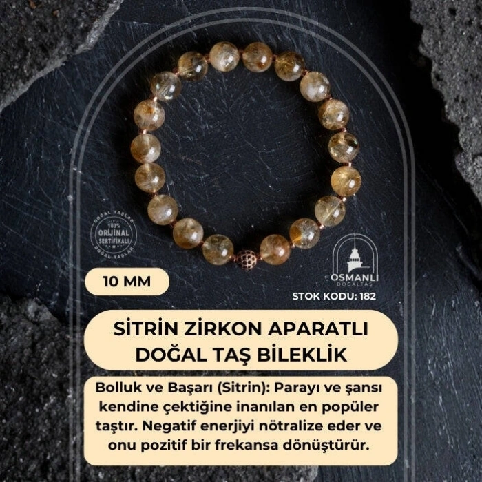 Sertifikalı Sitrin Zirkon Aparatlı Doğal Taş Bileklik-10 mm (SK:182)