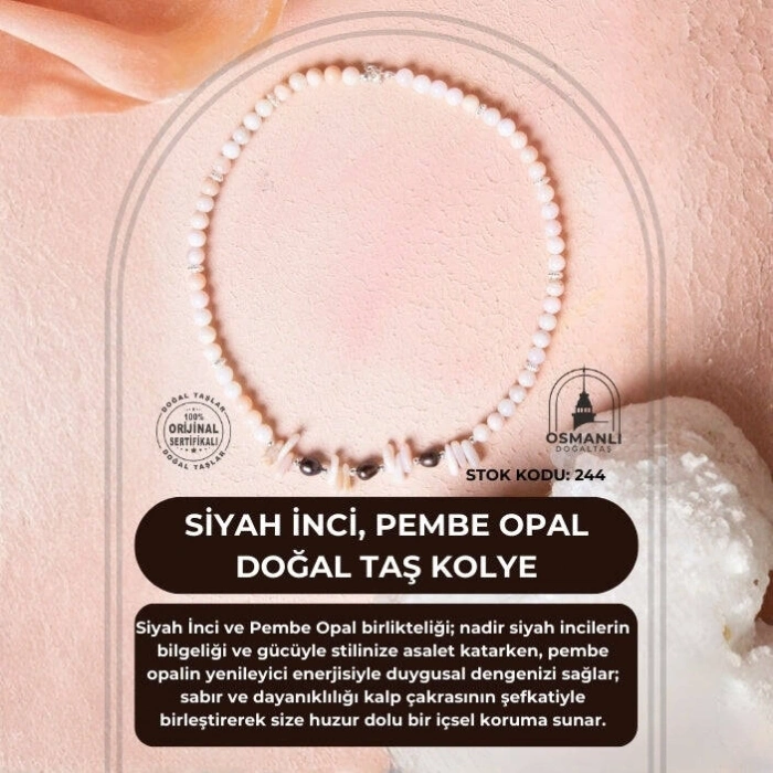 Sertifikalı Siyah İnci, Pembe Opal Doğal Taş Kolye (SK:244)