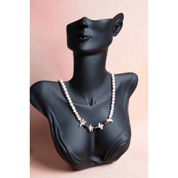 Sertifikalı Siyah İnci, Pembe Opal Doğal Taş Kolye (SK:244)