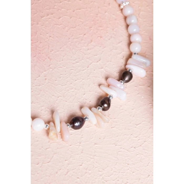 Sertifikalı Siyah İnci, Pembe Opal Doğal Taş Kolye (SK:244)