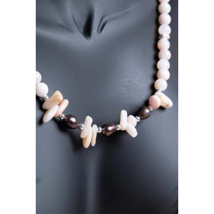 Sertifikalı Siyah İnci, Pembe Opal Doğal Taş Kolye (SK:244)