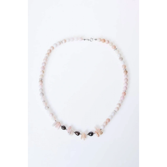 Sertifikalı Siyah İnci, Pembe Opal Doğal Taş Kolye (SK:244)