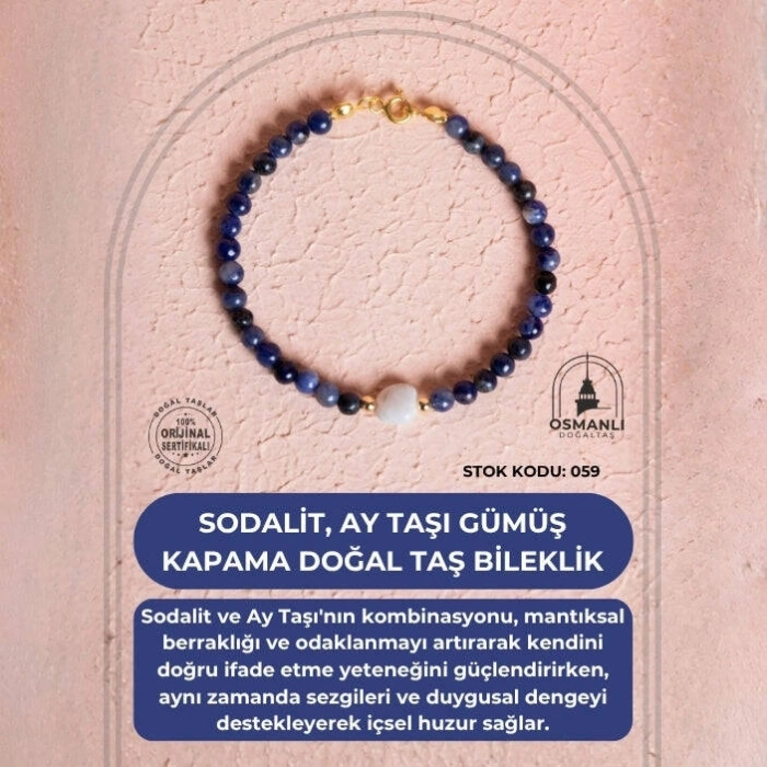 Sertifikalı Sodalit, Ay Taşı Gümüş Kapama Doğal Taş Bileklik (SK:059)