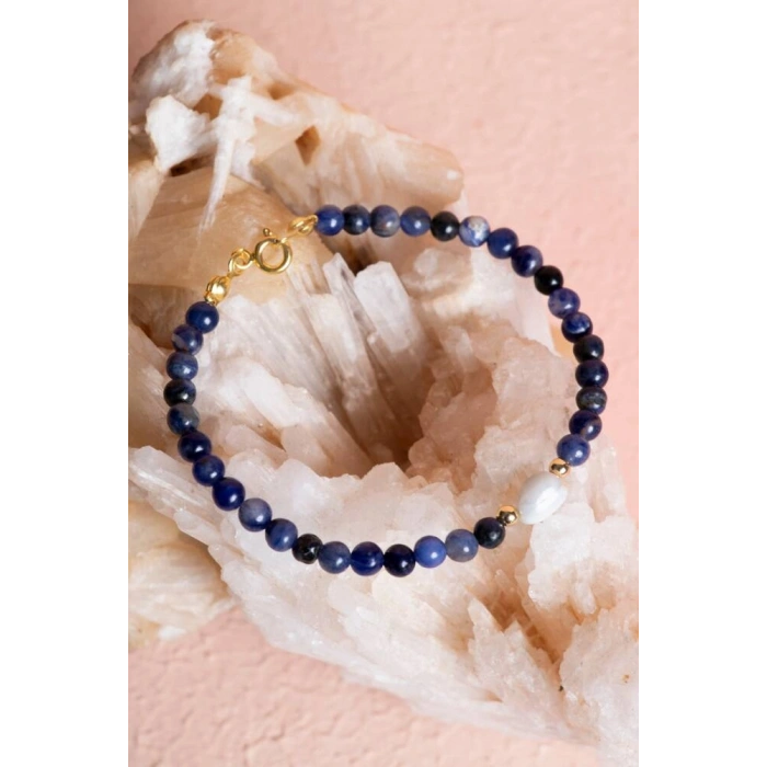 Sertifikalı Sodalit, Ay Taşı Gümüş Kapama Doğal Taş Bileklik (SK:059)