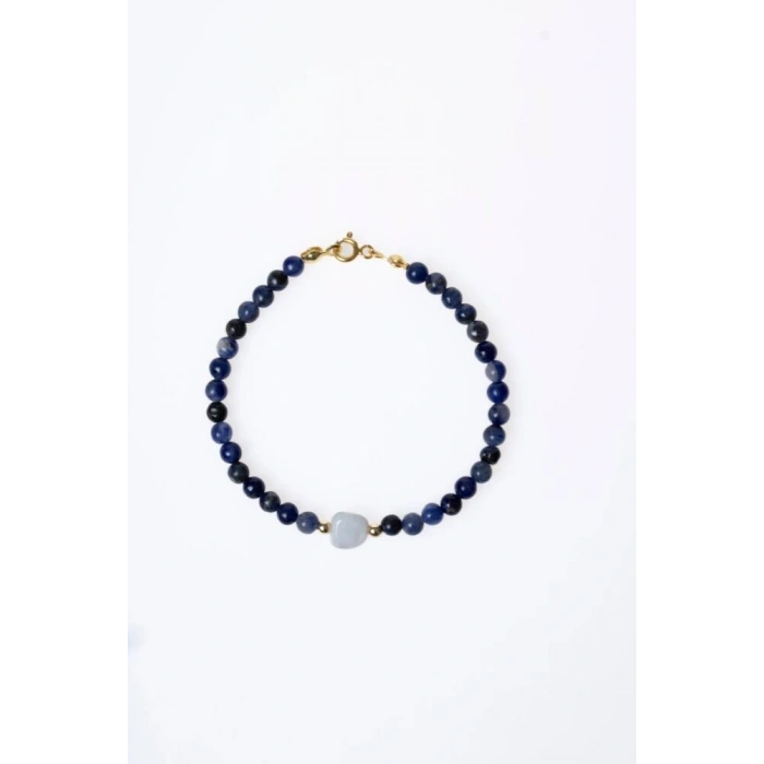 Sertifikalı Sodalit, Ay Taşı Gümüş Kapama Doğal Taş Bileklik (SK:059)