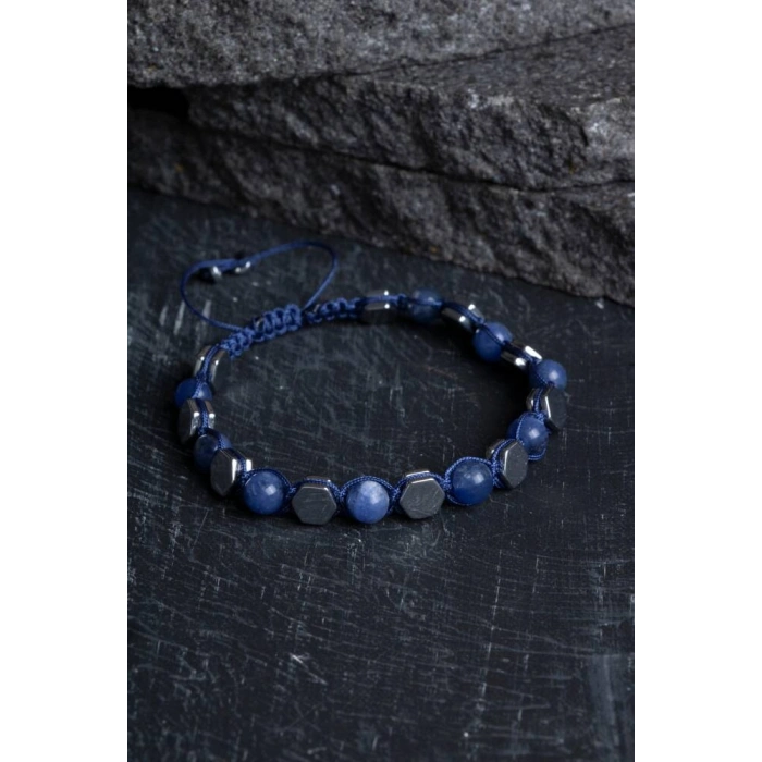Sertifikalı Sodalit, Hematit Doğal Taş Makrome Bileklik