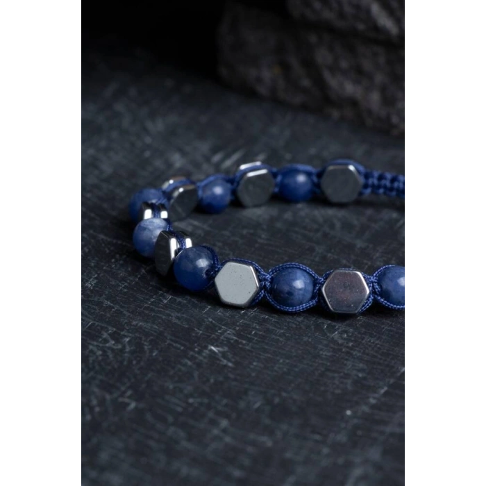 Sertifikalı Sodalit, Hematit Doğal Taş Makrome Bileklik