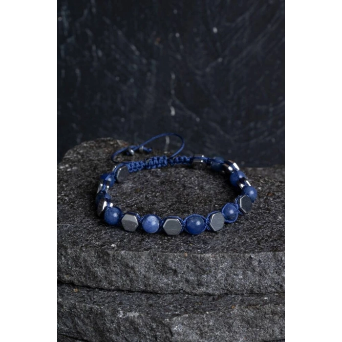 Sertifikalı Sodalit, Hematit Doğal Taş Makrome Bileklik