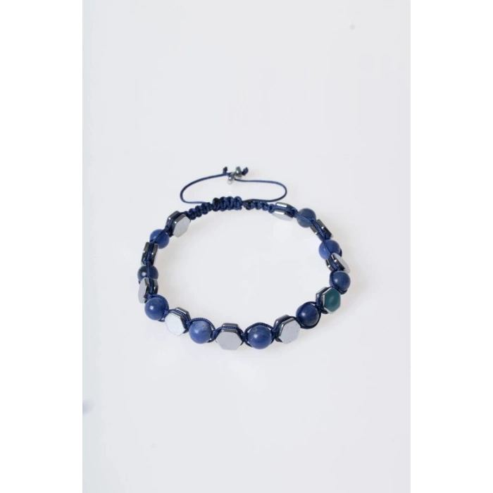 Sertifikalı Sodalit, Hematit Doğal Taş Makrome Bileklik