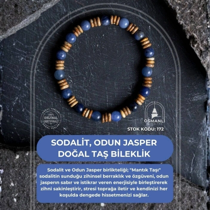 Sertifikalı Sodalit, Odun Jasper Doğal Taş Bileklik (SK:172)