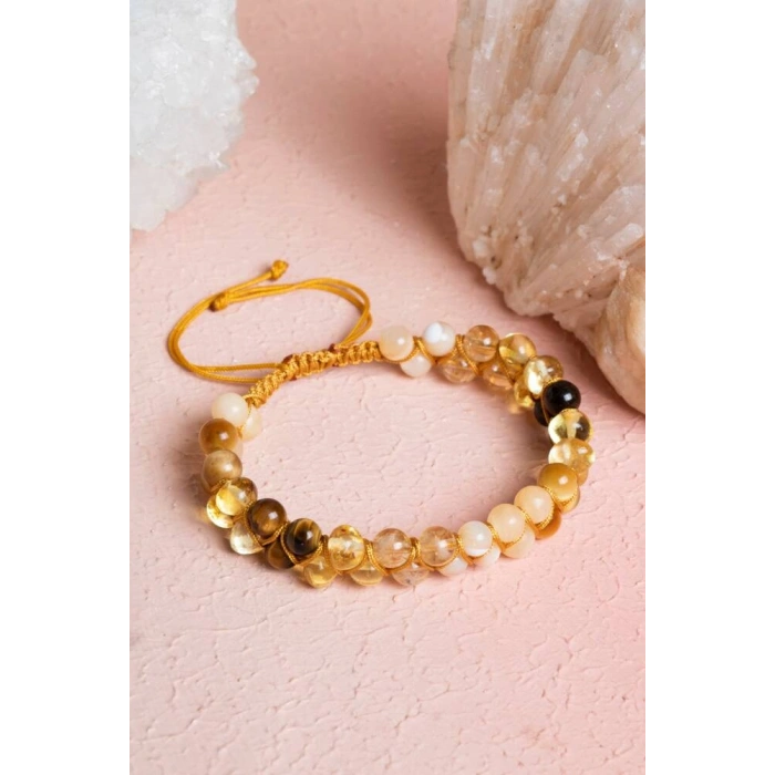 Sertifikalı Solar Plexus Çakrası Çift Sıra Doğal Taş Makrome Bileklik