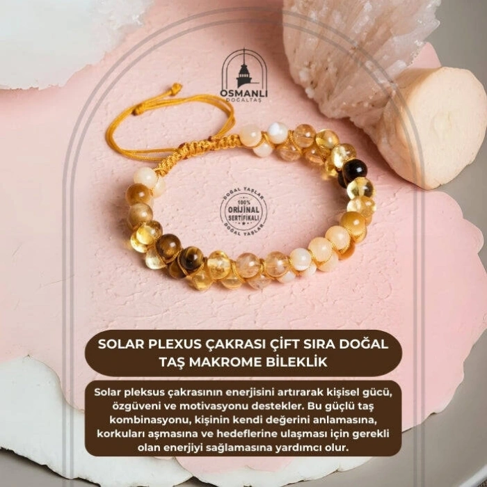 Sertifikalı Solar Plexus Çakrası Çift Sıra Doğal Taş Makrome Bileklik