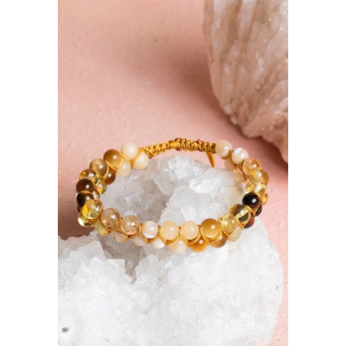 Sertifikalı Solar Plexus Çakrası Çift Sıra Doğal Taş Makrome Bileklik