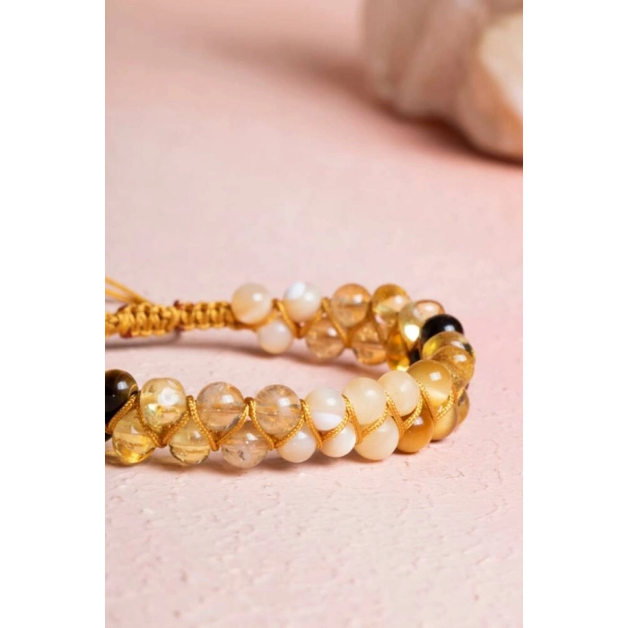 Sertifikalı Solar Plexus Çakrası Çift Sıra Doğal Taş Makrome Bileklik