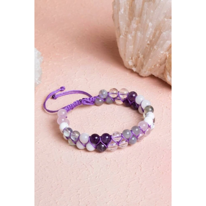 Sertifikalı Taç Çakra Çift Sıra Doğal Taş Makrome Bileklik