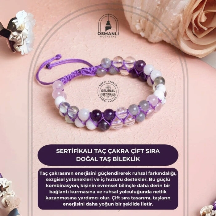 Sertifikalı Taç Çakra Çift Sıra Doğal Taş Makrome Bileklik