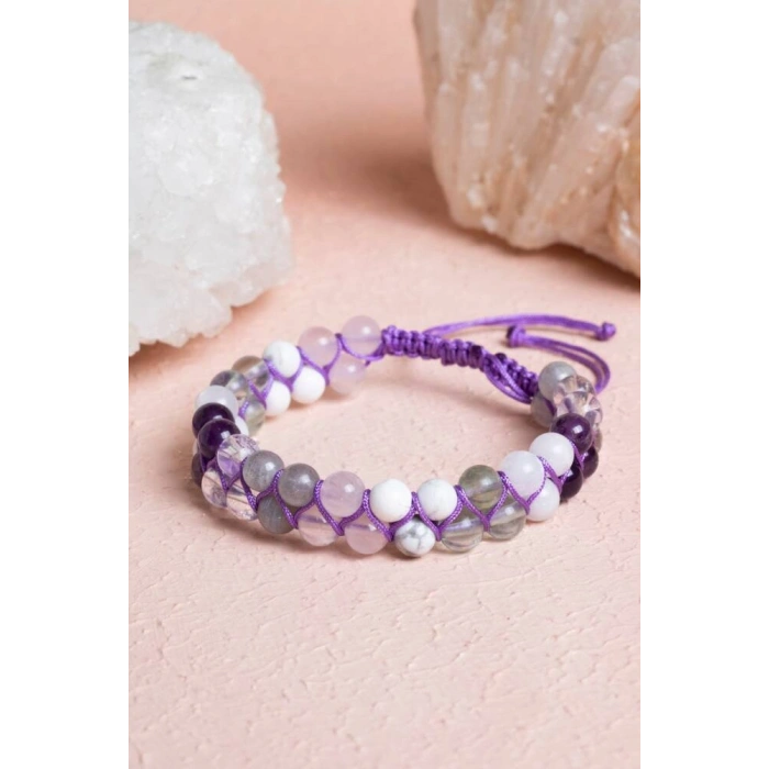 Sertifikalı Taç Çakra Çift Sıra Doğal Taş Makrome Bileklik