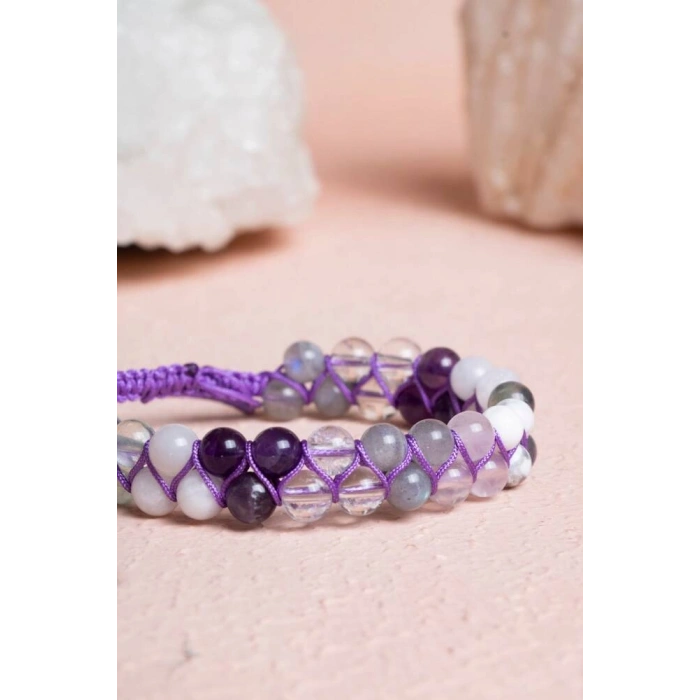 Sertifikalı Taç Çakra Çift Sıra Doğal Taş Makrome Bileklik