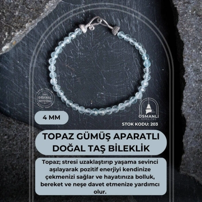 Sertifikalı Topaz Gümüş Aparatlı Doğal Taş Bileklik 4 mm (SK:203)
