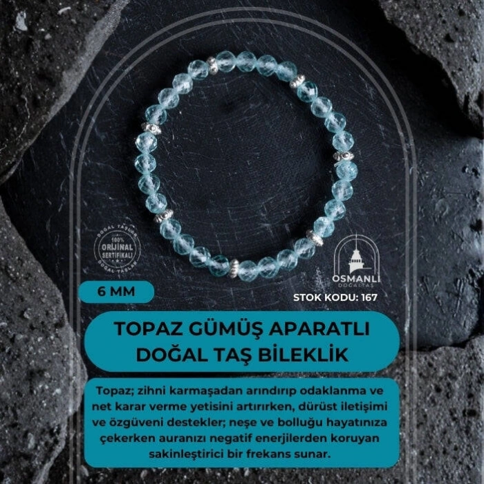 Sertifikalı Topaz Gümüş Aparatlı Doğal Taş Bileklik- 6mm (SK:167)