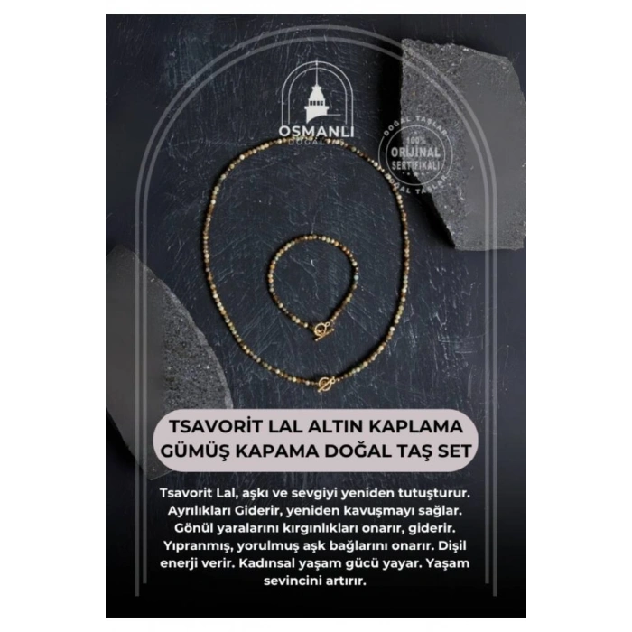 Sertifikalı Tsavorit Lal Altın Kaplama Gümüş Kapama Doğal Taş Set