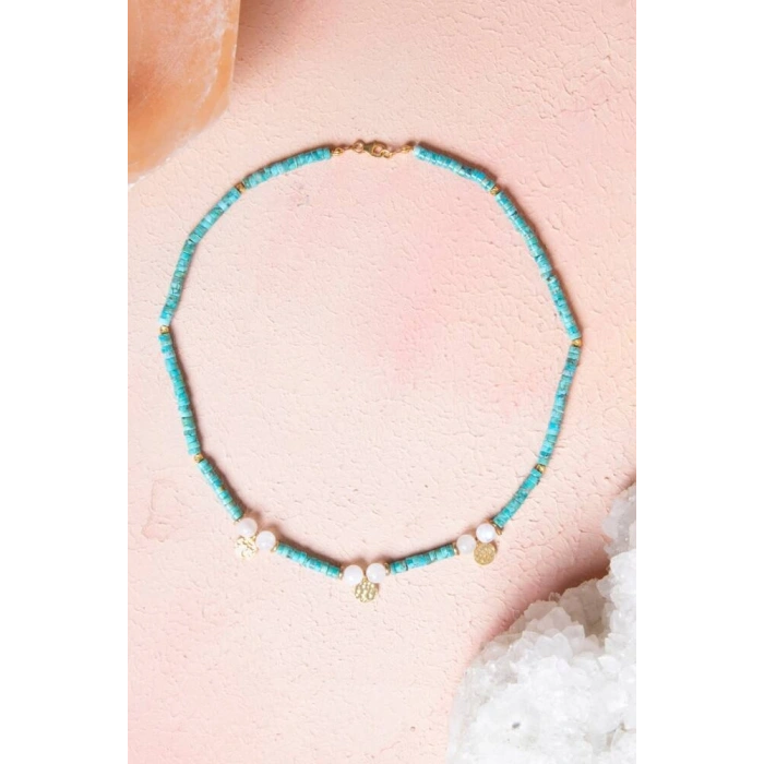 Sertifikalı Turkuaz, Ay Taşı Gümüş Aparatlı Doğal Taş Kolye (SK:246)