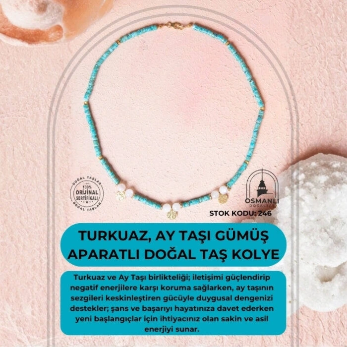 Sertifikalı Turkuaz, Ay Taşı Gümüş Aparatlı Doğal Taş Kolye (SK:246)
