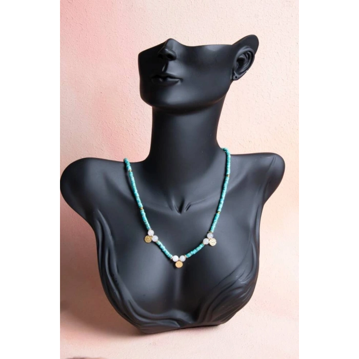 Sertifikalı Turkuaz, Ay Taşı Gümüş Aparatlı Doğal Taş Kolye (SK:246)