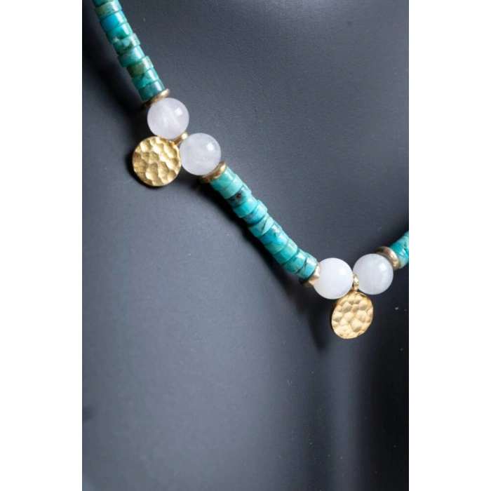 Sertifikalı Turkuaz, Ay Taşı Gümüş Aparatlı Doğal Taş Kolye (SK:246)