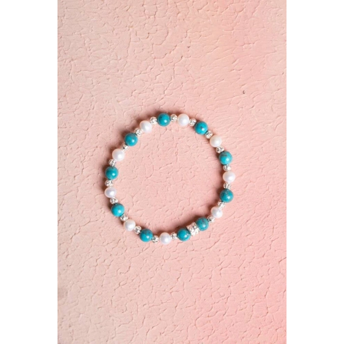 Sertifikalı Turkuaz-İnci Gümüş Aparat Doğal Taş Bileklik 6mm 039